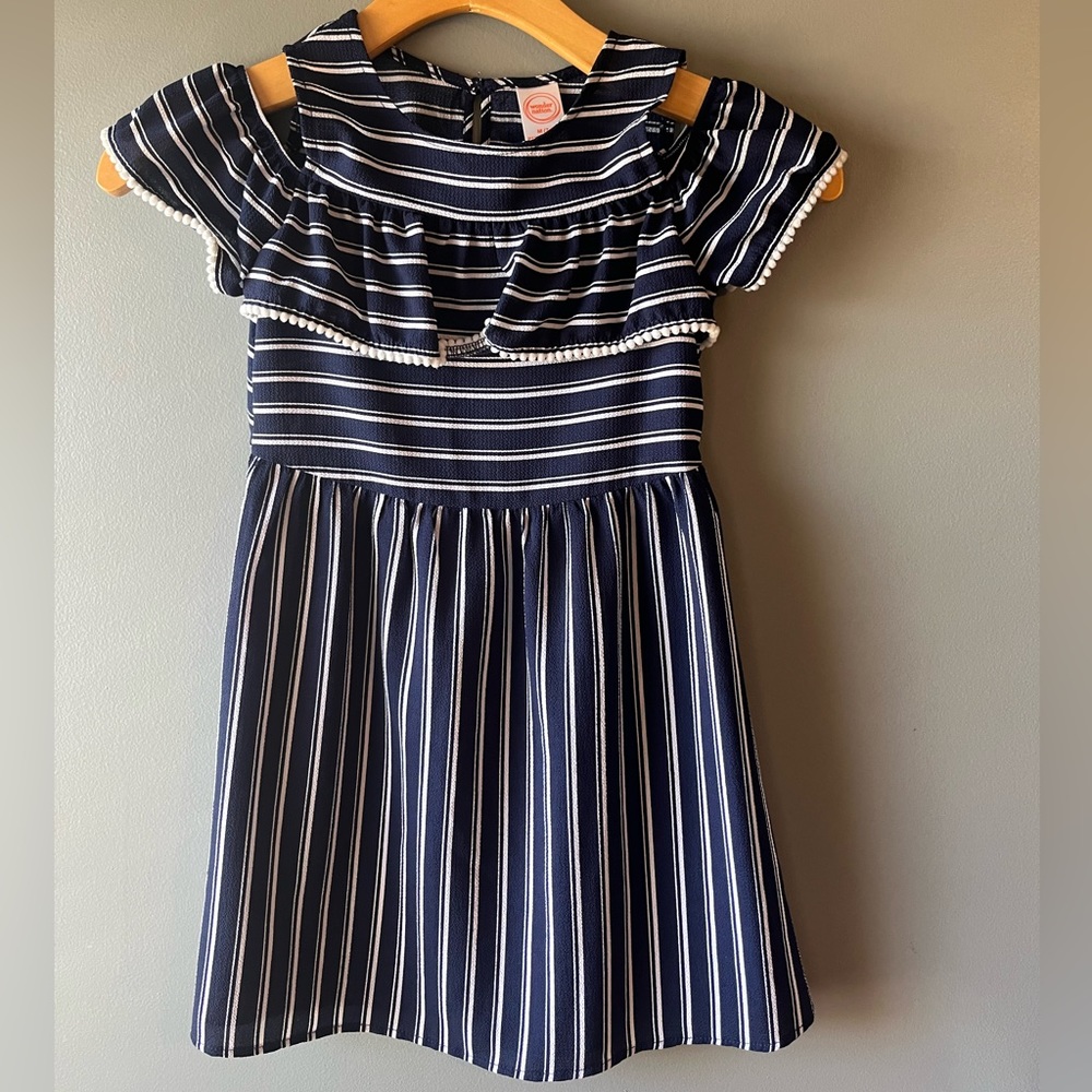 Girls Navy Blue Pinstripe Cold Shoulder Dress